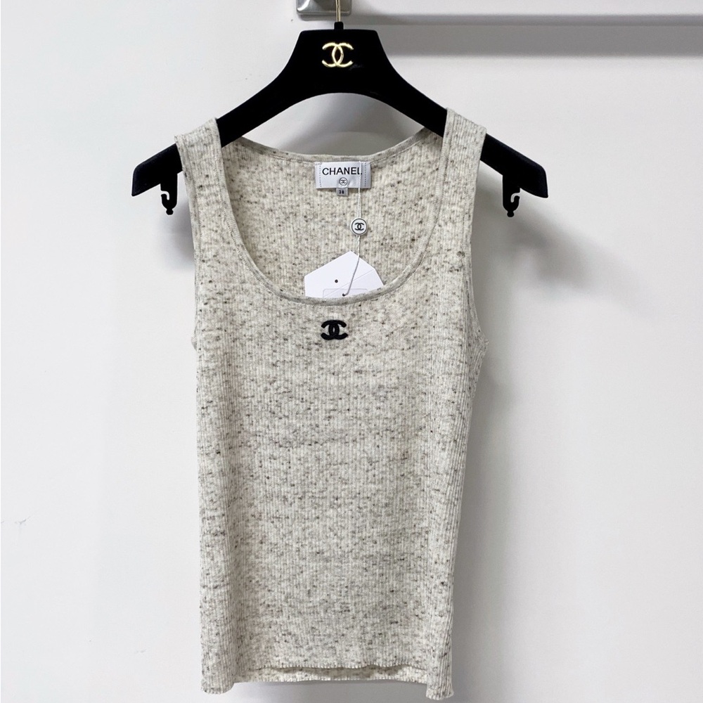 CHANEL Cream Knit Tank Top with Signature CC Logo